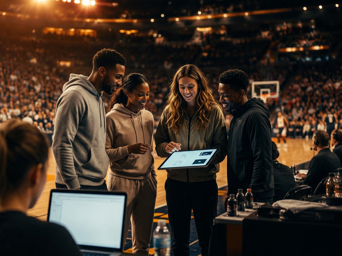 Production crew courtside at a professional basketball arena